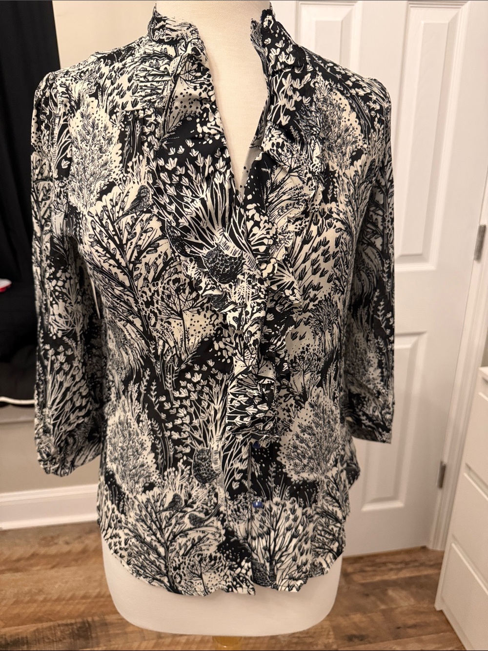 HD in Paris Black & White Botanical Ruffle Neck Blouse
